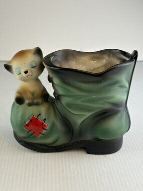 Vintage Ceramic Kitten And Boot Small Planter Kitschy 4.5"